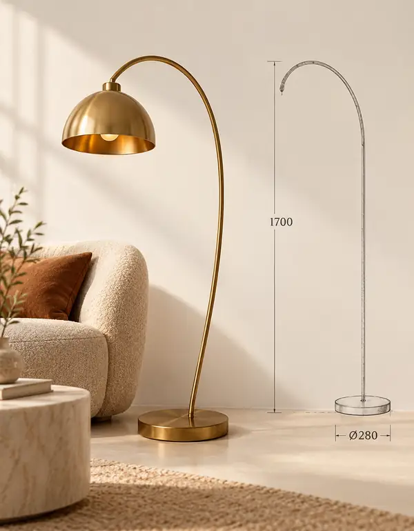 Referenz und Abmessungen einer Stehlampe aus Messing