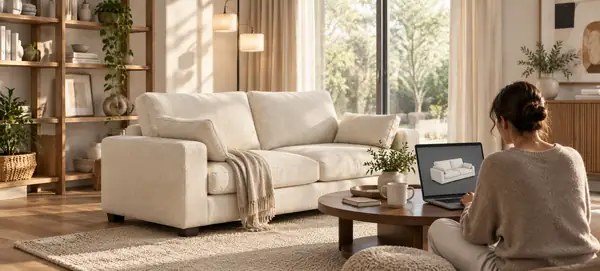 Helles Wohnzimmer mit cremefarbenem Sofa in einer Fallstudie zur Wohnraumgestaltung