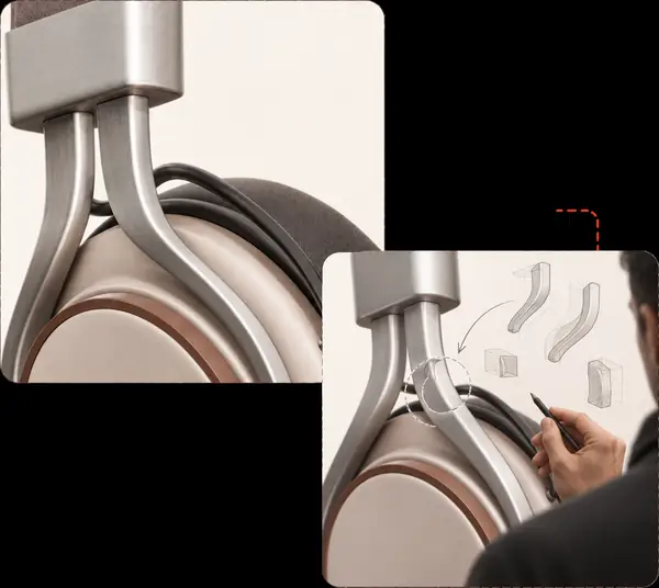 Nahaufnahme verfeinerter metallischer Kopfhörerkomponenten mit Designfeedback daneben