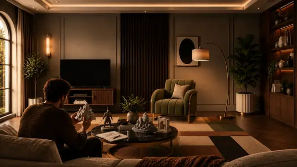 Wohnliches, zeitgenössisches Wohnzimmer mit olivgrünem Loungesessel und niedrigem rundem Couchtisch