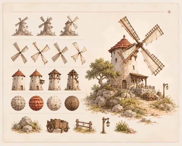 Windmühlen-Konzeptgrafik und Materialstudien