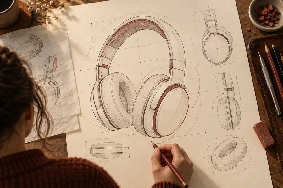 Strichzeichnung eines Konzepts für Over-Ear-Kopfhörer