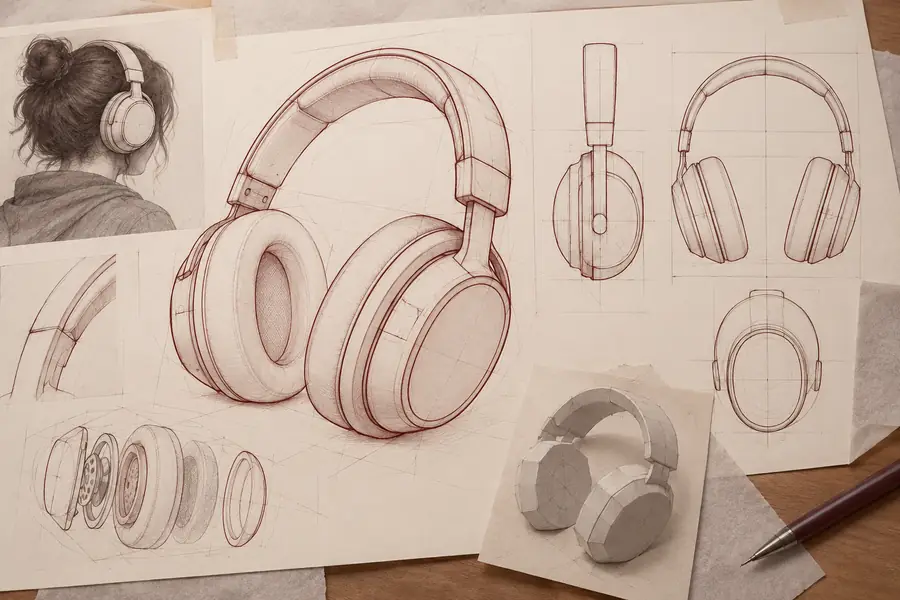 Line-drawing concept of over-ear headphones used as a visual reference